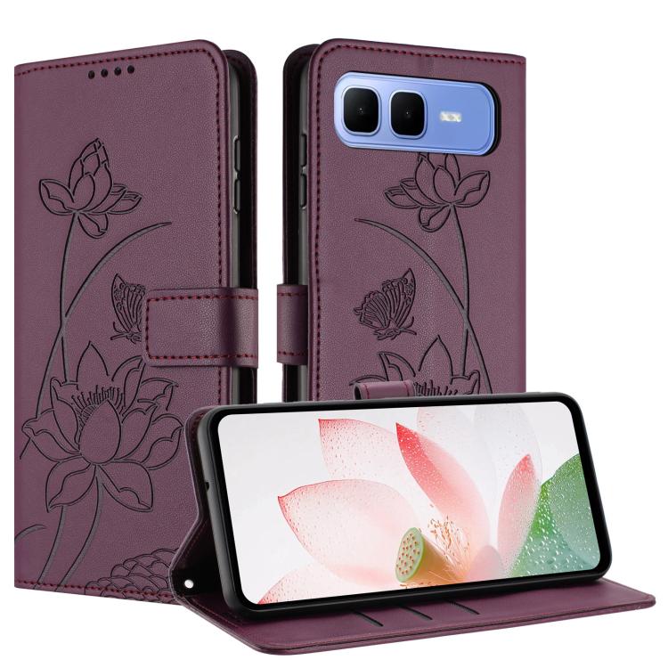 For Infinix Smart 10 Plus Lotus Embossed Leather Phone Case with Lanyard