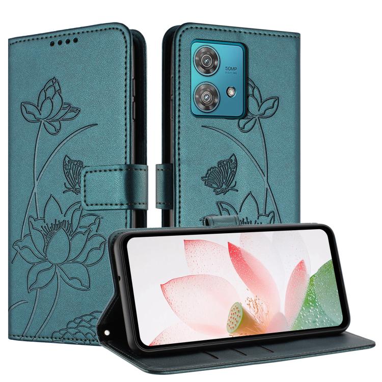 For Motorola Edge 40 Neo Lotus Embossed Leather Phone Case with Lanyard
