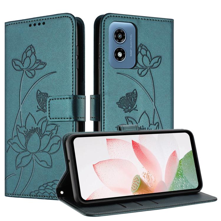 For Motorola Moto G Play 4G 2024 Lotus Embossed Leather Phone Case with Lanyard