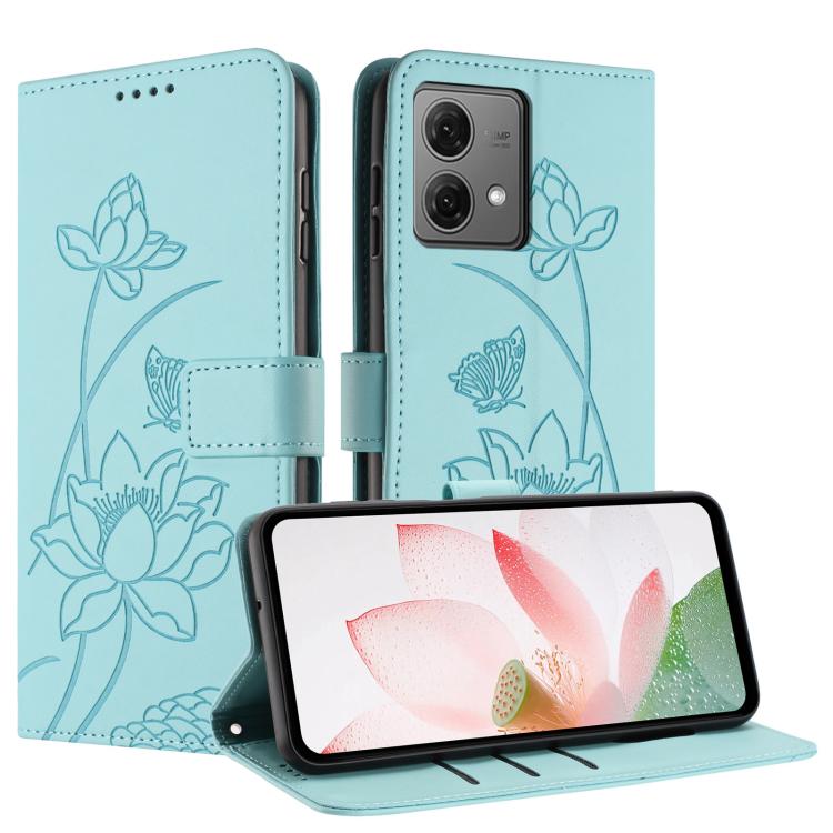 For Motorola Moto G84 Lotus Embossed Leather Phone Case with Lanyard