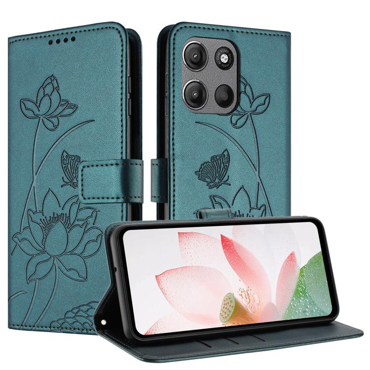 For Motorola Moto G17 / G17 Power 4G Lotus Embossed Leather Phone Case with Lanyard