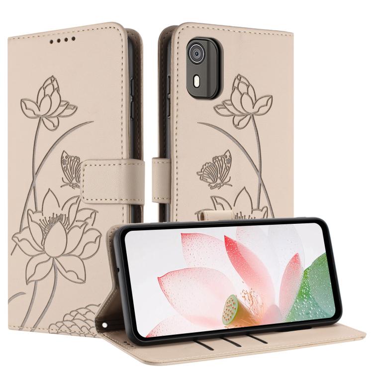 For Nokia C02 Lotus Embossed Leather Phone Case with Lanyard