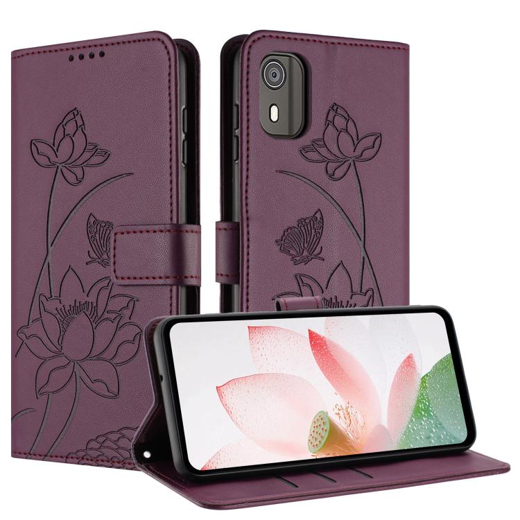 For Nokia C02 Lotus Embossed Leather Phone Case with Lanyard