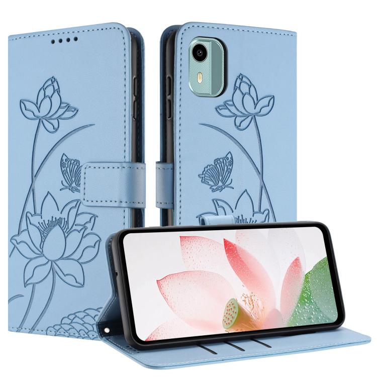For Nokia C12 Lotus Embossed Leather Phone Case with Lanyard