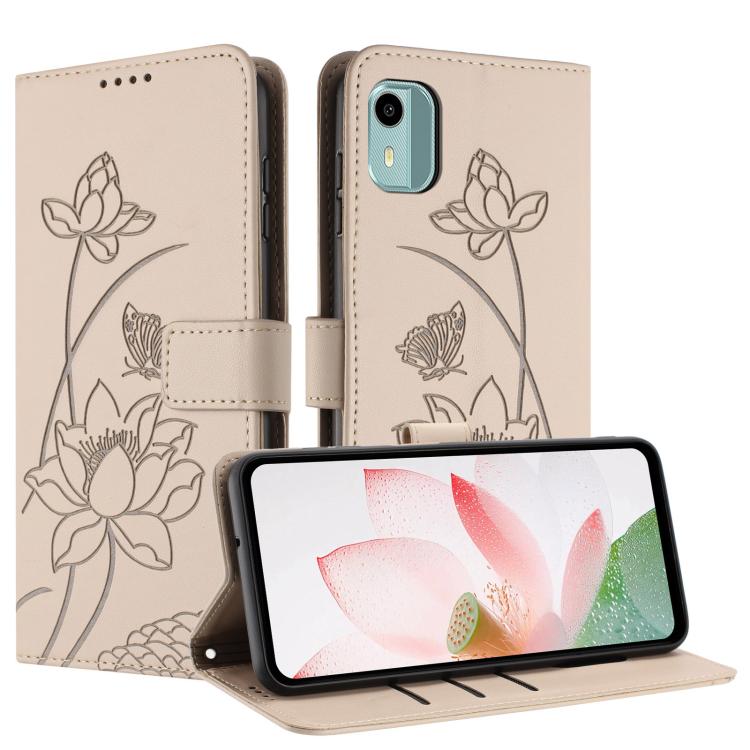 For Nokia C12 Lotus Embossed Leather Phone Case with Lanyard