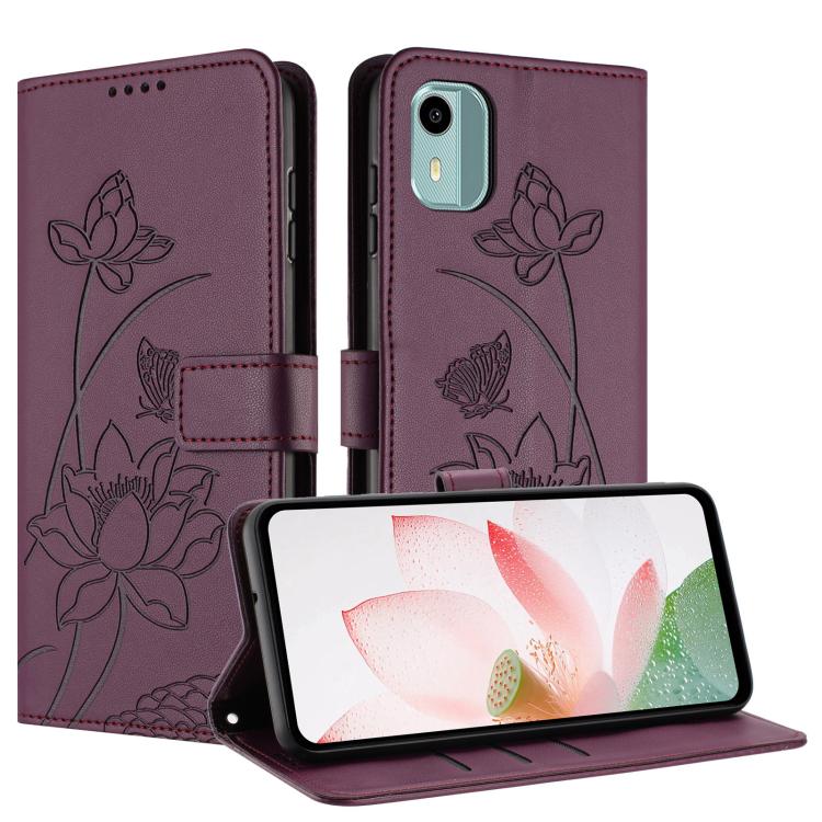 For Nokia C12 Lotus Embossed Leather Phone Case with Lanyard