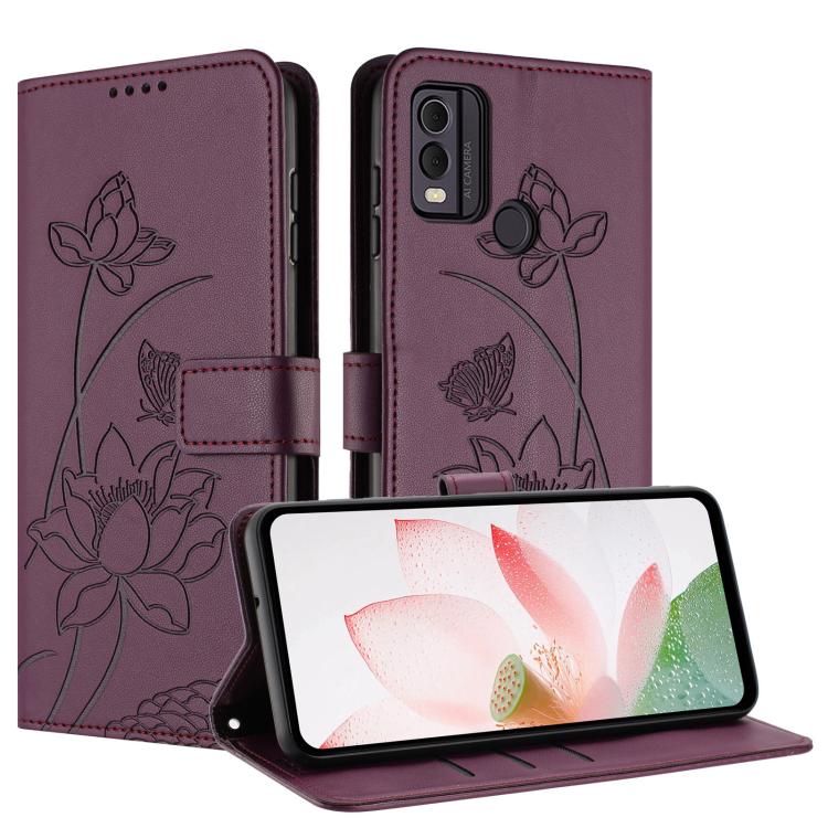 For Nokia C22 Lotus Embossed Leather Phone Case with Lanyard