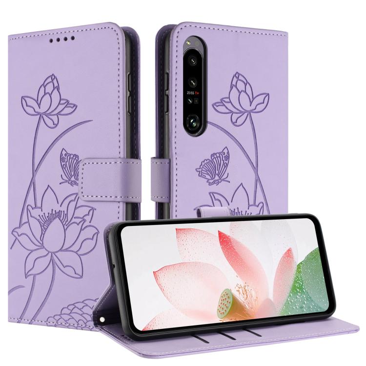 For Sony Xperia 1 IV Lotus Embossed Leather Phone Case with Lanyard