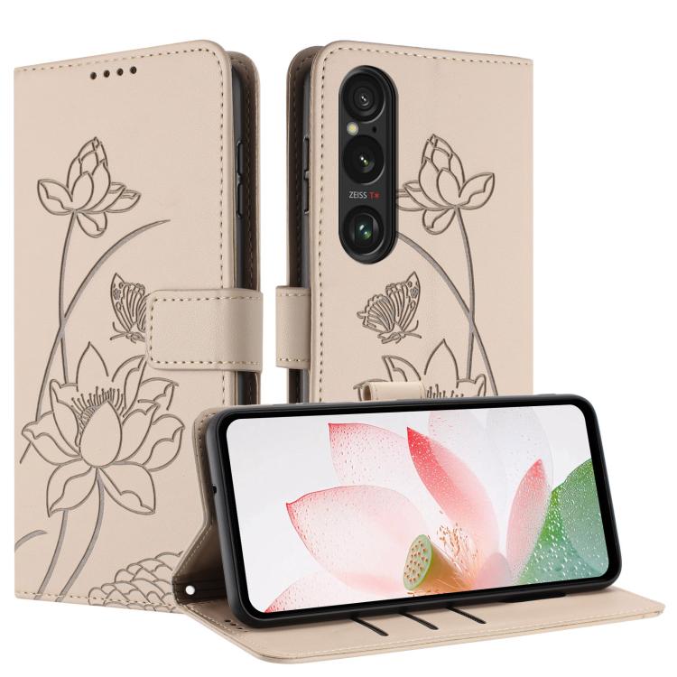 For Sony Xperia 1 VI Lotus Embossed Leather Phone Case with Lanyard
