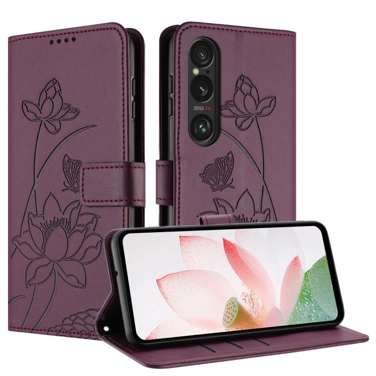 For Sony Xperia 1 VI Lotus Embossed Leather Phone Case with Lanyard