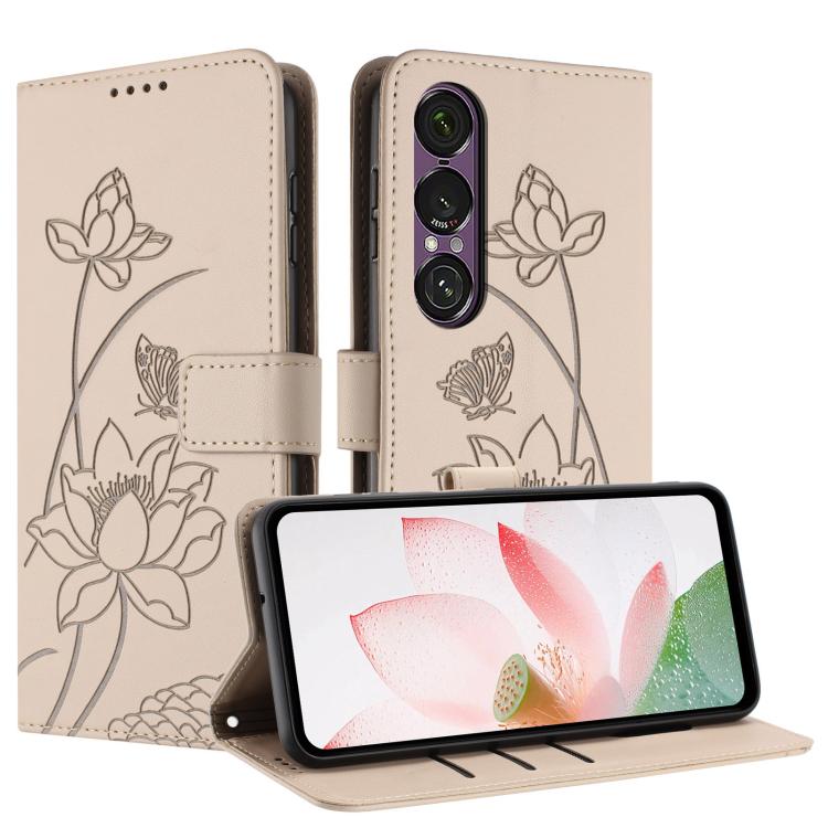 For Sony Xperia 1 VII Lotus Embossed Leather Phone Case with Lanyard