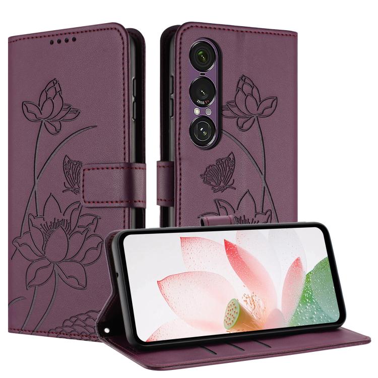 For Sony Xperia 1 VII Lotus Embossed Leather Phone Case with Lanyard