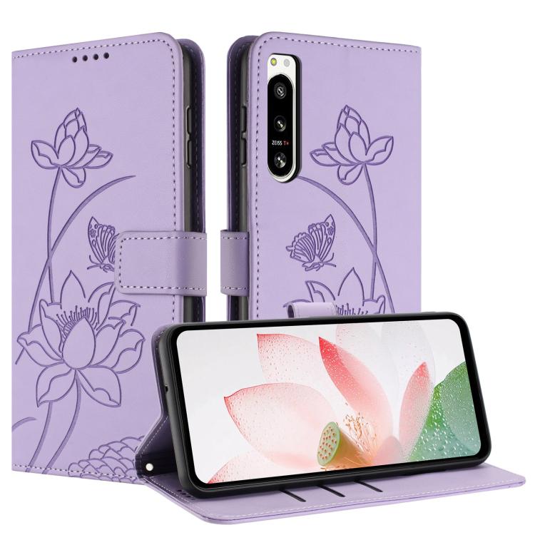 For Sony Xperia 5 IV Lotus Embossed Leather Phone Case with Lanyard