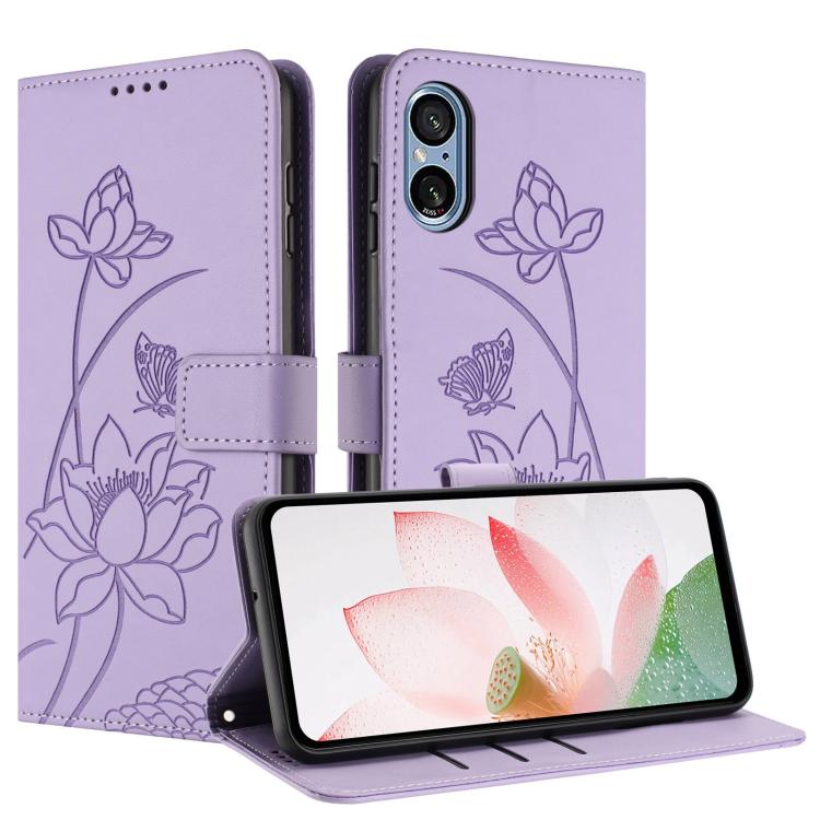 For Sony Xperia 5 V Lotus Embossed Leather Phone Case with Lanyard