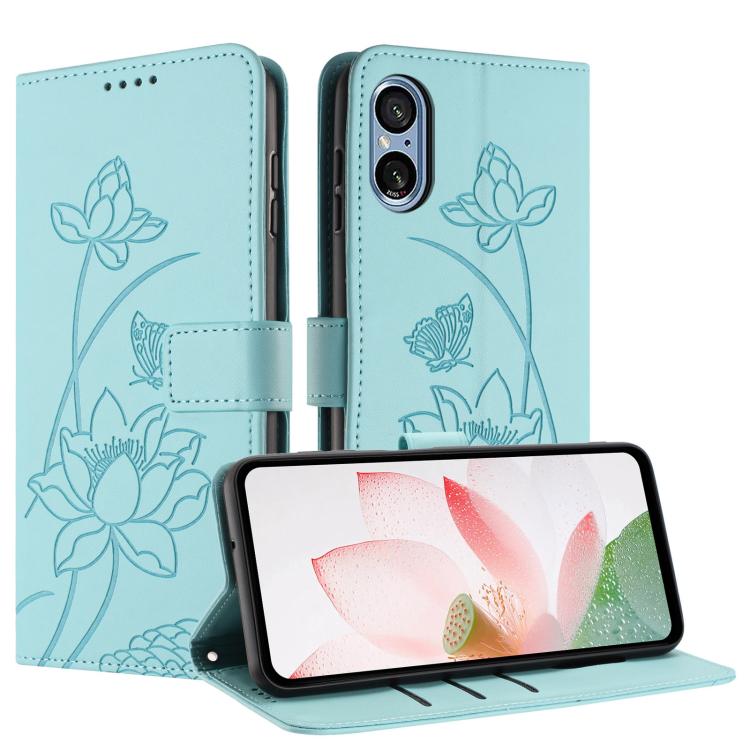 For Sony Xperia 5 V Lotus Embossed Leather Phone Case with Lanyard