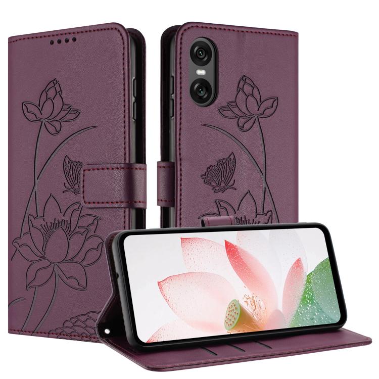 For Sony Xperia 10 VI Lotus Embossed Leather Phone Case with Lanyard