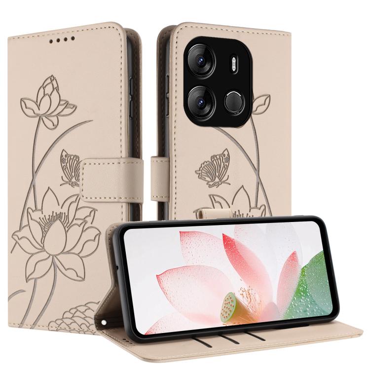 For Tecno Spark Go 2023 / Pop 7 Pro Lotus Embossed Leather Phone Case with Lanyard