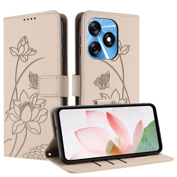 For Tecno Spark 10 4G Lotus Embossed Leather Phone Case with Lanyard