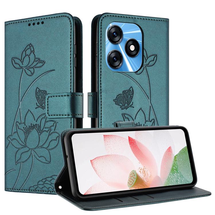 For Tecno Spark 10 4G Lotus Embossed Leather Phone Case with Lanyard
