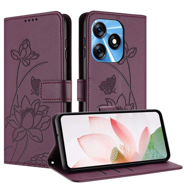 For Tecno Spark 10 4G Lotus Embossed Leather Phone Case with Lanyard