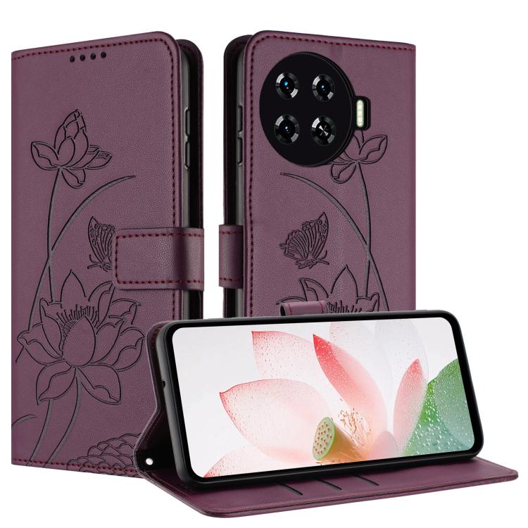 For Tecno Spark 20 Pro+ 4G Lotus Embossed Leather Phone Case with Lanyard