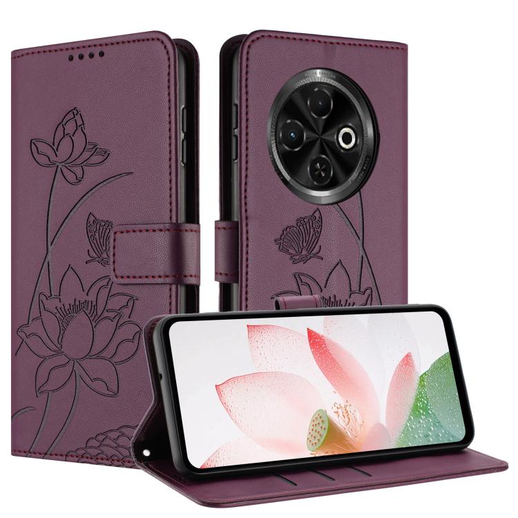 For Tecno Spark 30C 4G Lotus Embossed Leather Phone Case with Lanyard