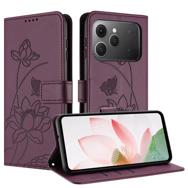 For Tecno Spark 40 4G Lotus Embossed Leather Phone Case with Lanyard