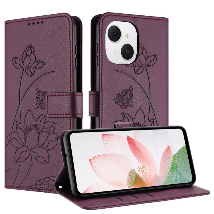 For Tecno Spark 40C Lotus Embossed Leather Phone Case with Lanyard