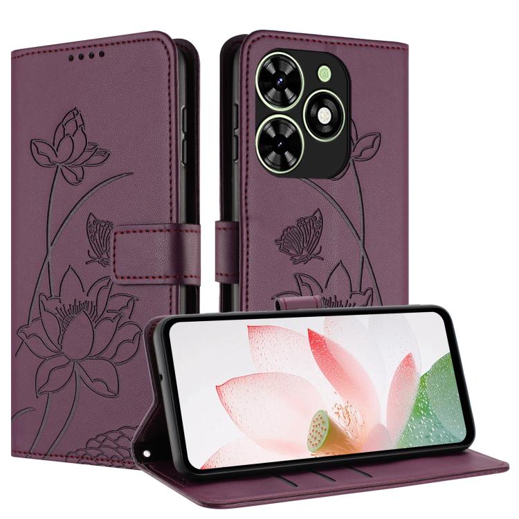 For Tecno Spark Go 2024 Lotus Embossed Leather Phone Case with Lanyard