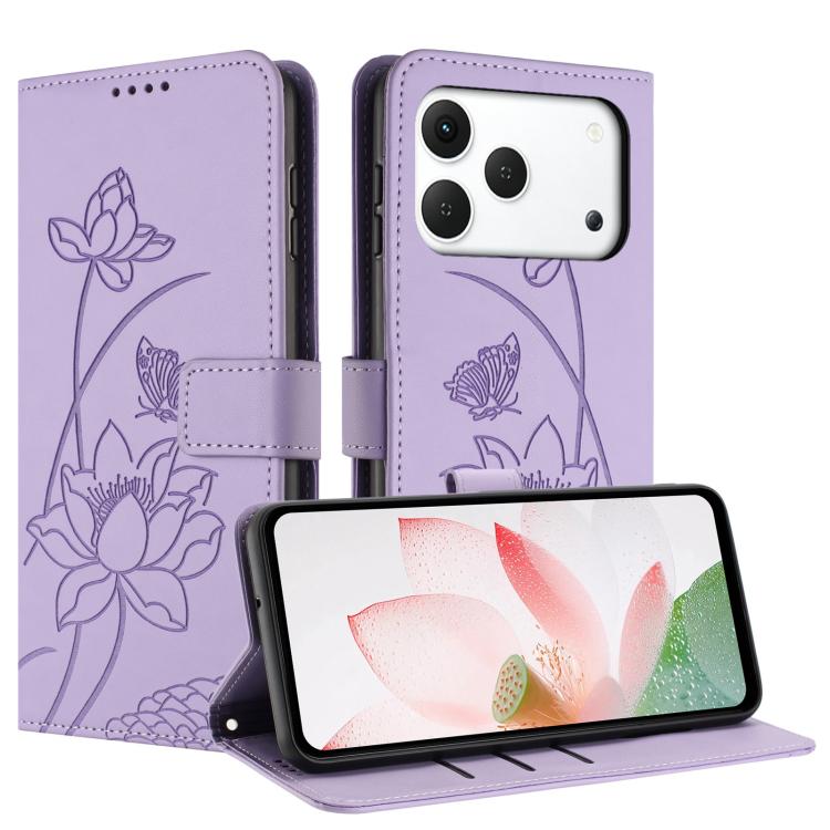 For Tecno Spark 50 4G Lotus Embossed Leather Phone Case with Lanyard