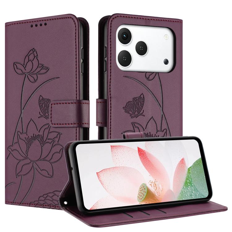 For Tecno Spark 50 4G Lotus Embossed Leather Phone Case with Lanyard