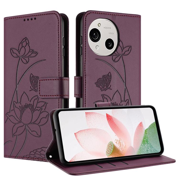 For Sharp Aquos R9 / R10 Lotus Embossed Leather Phone Case with Lanyard