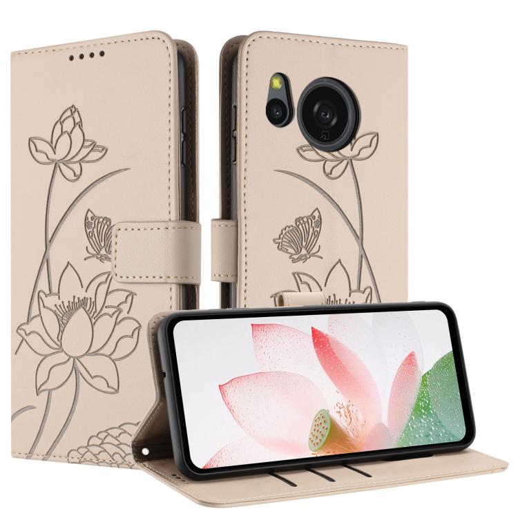For Sharp Aquos sense8 Lotus Embossed Leather Phone Case with Lanyard