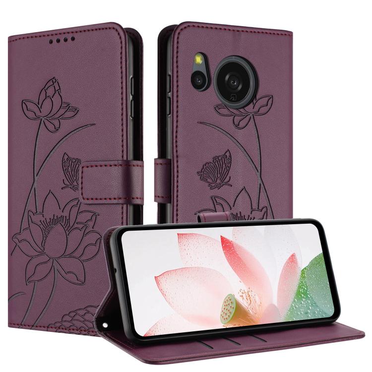 For Sharp Aquos sense8 Lotus Embossed Leather Phone Case with Lanyard