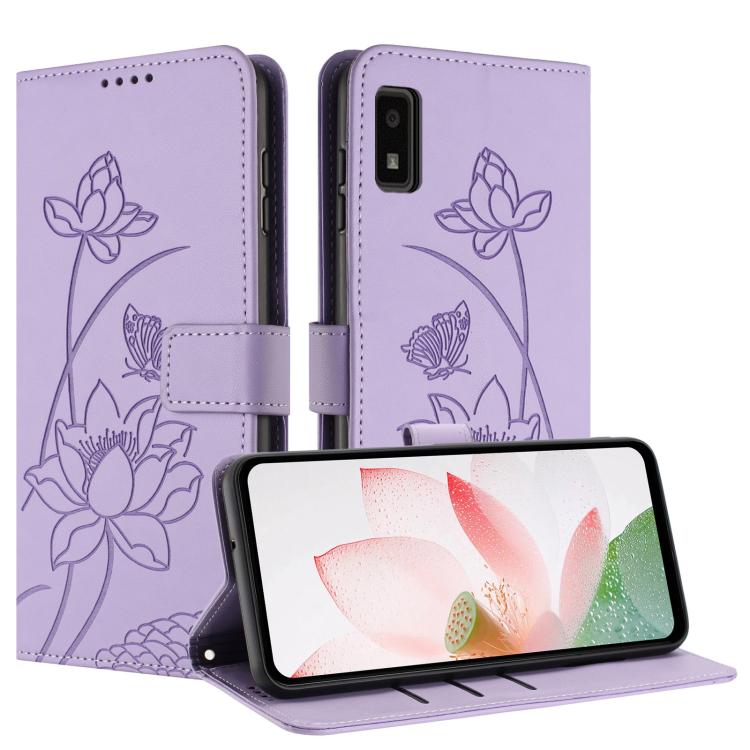 For Sharp Aquos wish3 Lotus Embossed Leather Phone Case with Lanyard