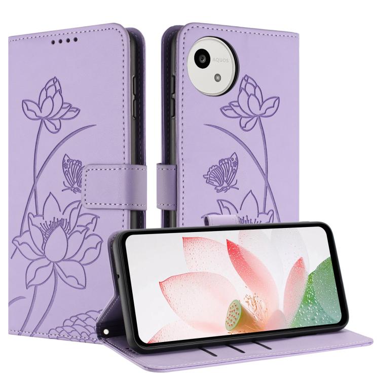For Sharp Aquos wish5 Lotus Embossed Leather Phone Case with Lanyard