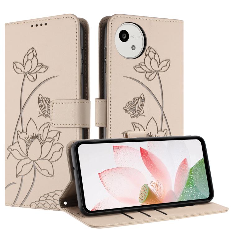 For Sharp Aquos wish5 Lotus Embossed Leather Phone Case with Lanyard