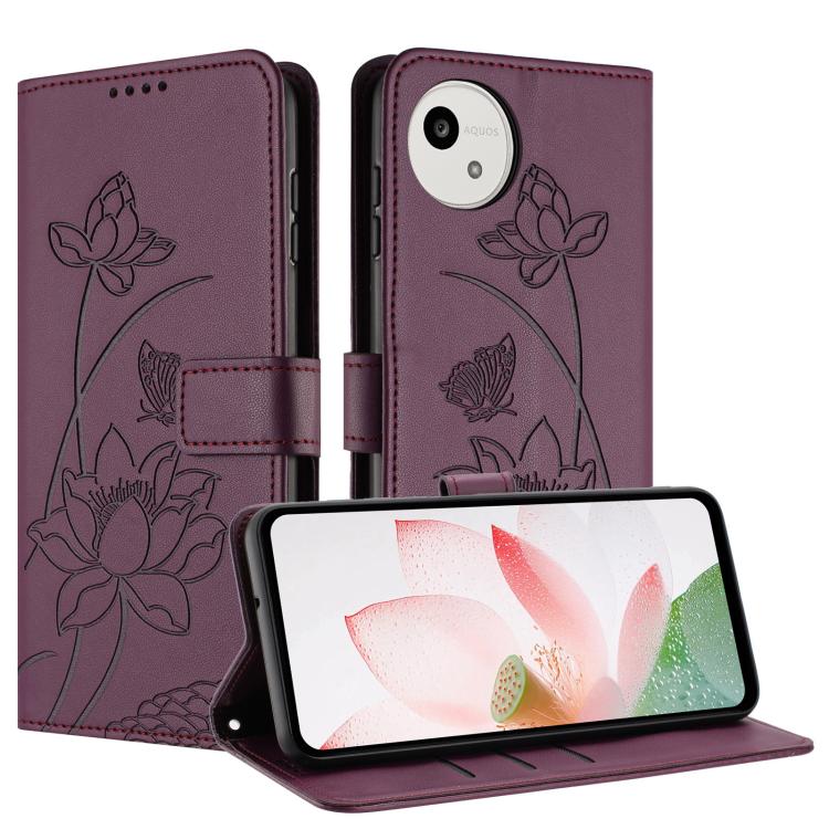 For Sharp Aquos wish5 Lotus Embossed Leather Phone Case with Lanyard