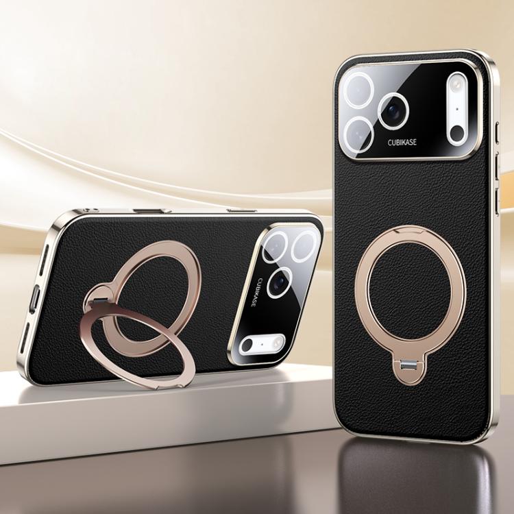 For iPhone 17 Pro Skin Feel Leather Texture Cooling MagSafe Phone Case with 360 Degrees Rotating Holder