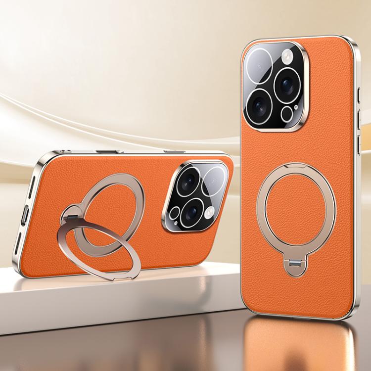 For iPhone 16 Pro Skin Feel Leather Texture Cooling MagSafe Phone Case with 360 Degrees Rotating Holder