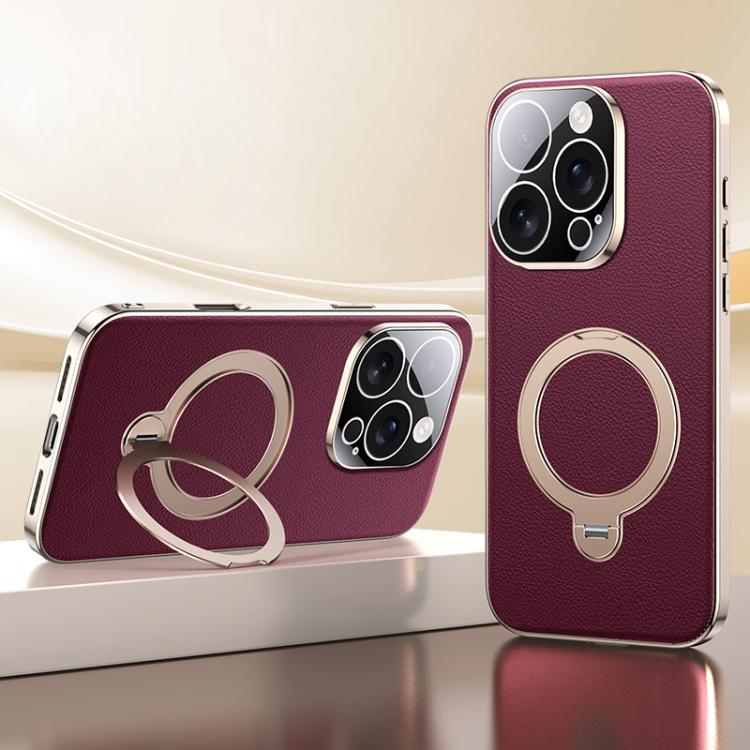 For iPhone 16 Pro Skin Feel Leather Texture Cooling MagSafe Phone Case with 360 Degrees Rotating Holder