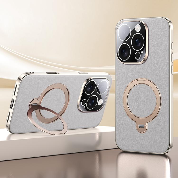 For iPhone 16 Pro Skin Feel Leather Texture Cooling MagSafe Phone Case with 360 Degrees Rotating Holder