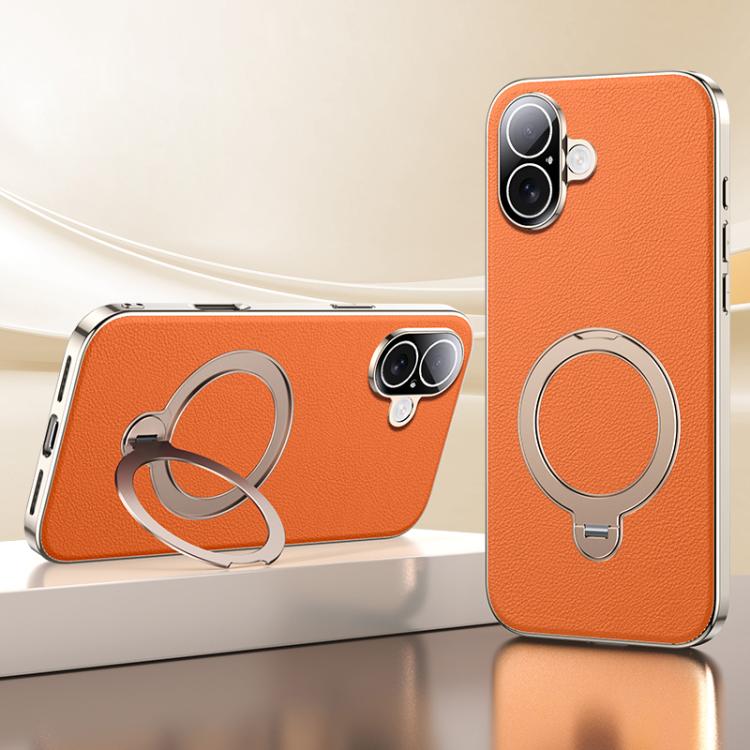 For iPhone 16 Skin Feel Leather Texture Cooling MagSafe Phone Case with 360 Degrees Rotating Holder