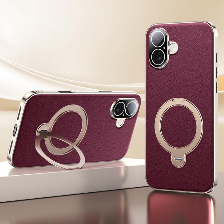 For iPhone 16 Skin Feel Leather Texture Cooling MagSafe Phone Case with 360 Degrees Rotating Holder