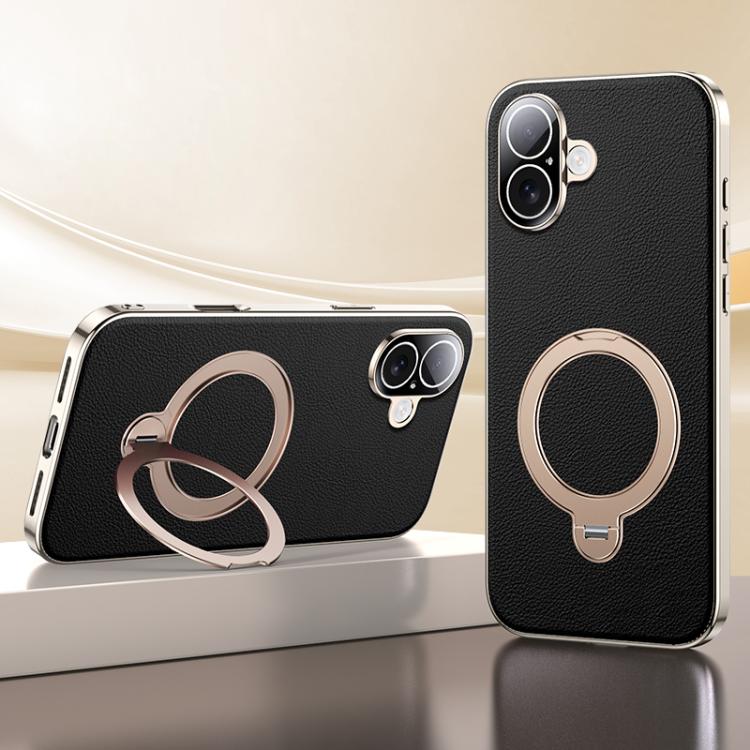 For iPhone 16 Skin Feel Leather Texture Cooling MagSafe Phone Case with 360 Degrees Rotating Holder