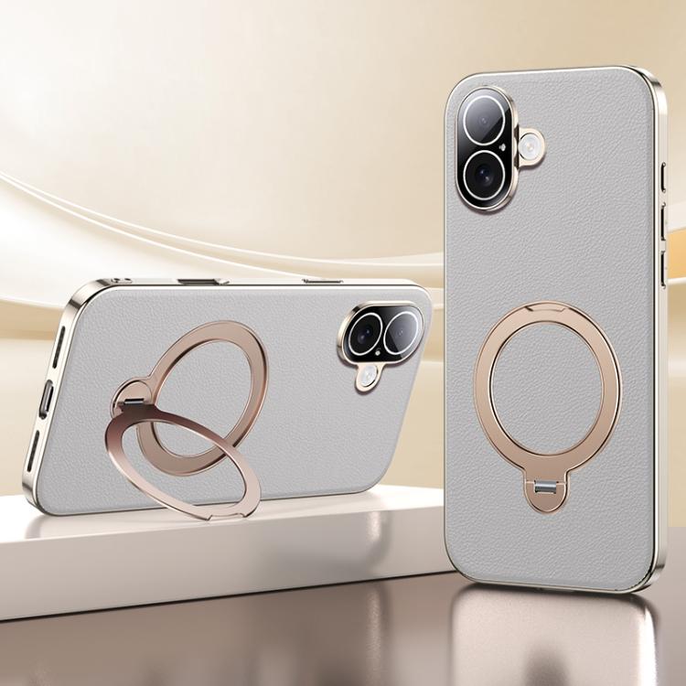 For iPhone 16 Skin Feel Leather Texture Cooling MagSafe Phone Case with 360 Degrees Rotating Holder