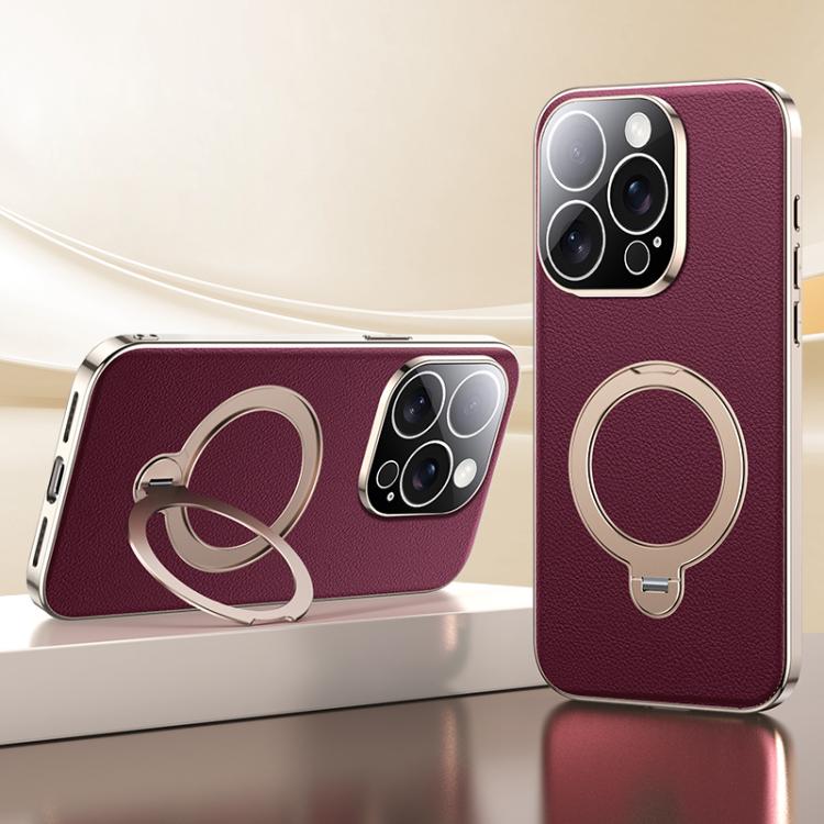 For iPhone 15 Pro Max Skin Feel Leather Texture Cooling MagSafe Phone Case with 360 Degrees Rotating Holder