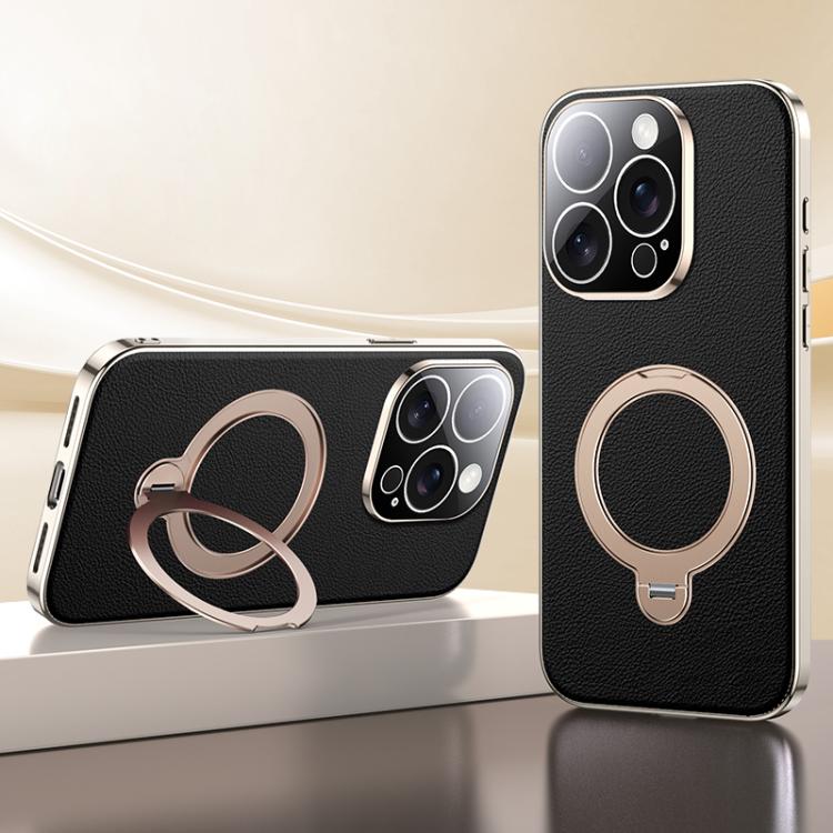 For iPhone 15 Pro Skin Feel Leather Texture Cooling MagSafe Phone Case with 360 Degrees Rotating Holder