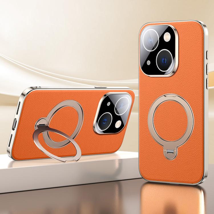 For iPhone 15 Skin Feel Leather Texture Cooling MagSafe Phone Case with 360 Degrees Rotating Holder