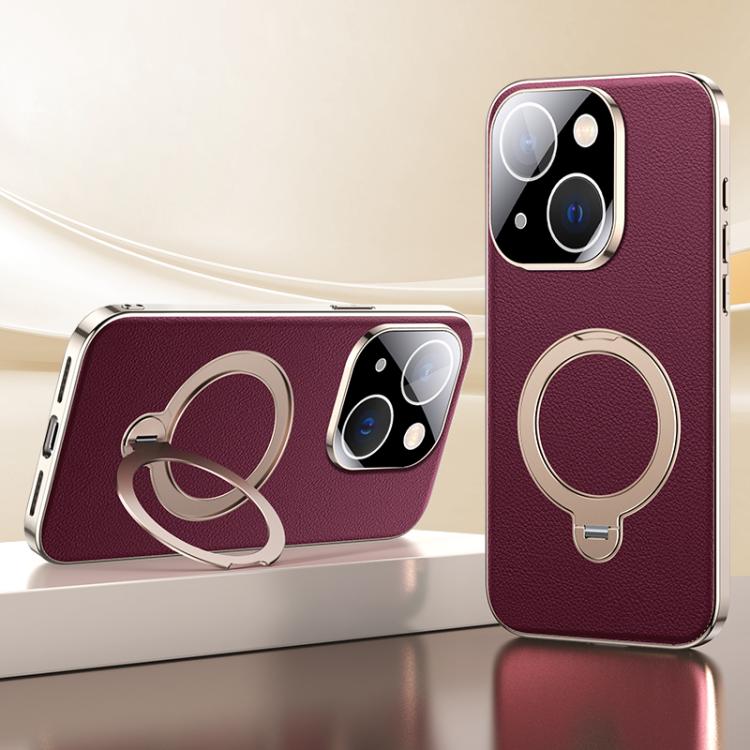For iPhone 15 Skin Feel Leather Texture Cooling MagSafe Phone Case with 360 Degrees Rotating Holder